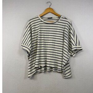 Striped Ribbed Knit Top Women Medium Ivory Navy Boxy Short Sleeve